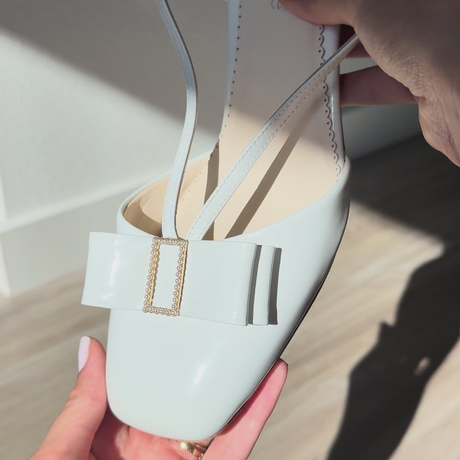 Bella Belle Abby Pearl Bow Patent Leather Block Heels