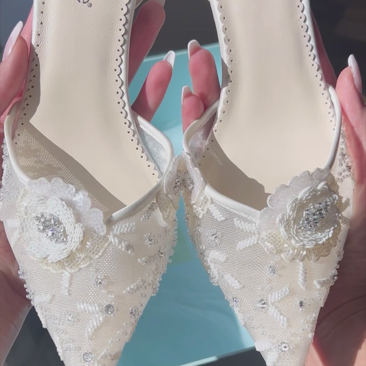 3.5-Inch Floral Wedding Heels with Ankle Straps and Cutouts