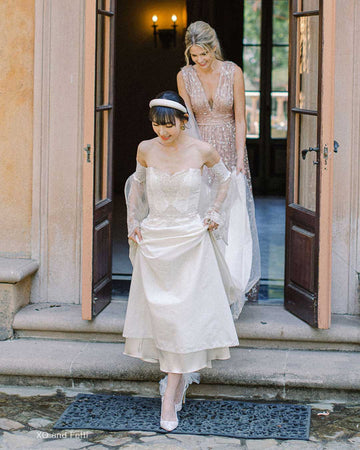 strapless wedding dress bella belle high heels