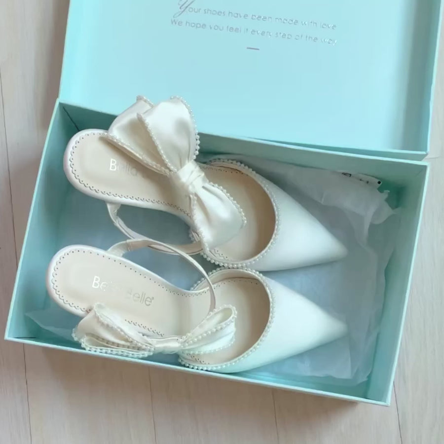 Bella Belle Brooklyn Ivory Wedding Mules with Pearl Trimmed Bows