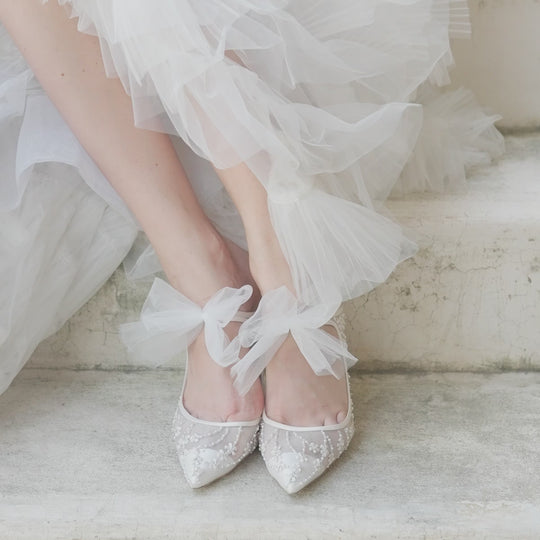Bella Belle Eloise Embroidered Ivory Mules with Tulle Bow 3