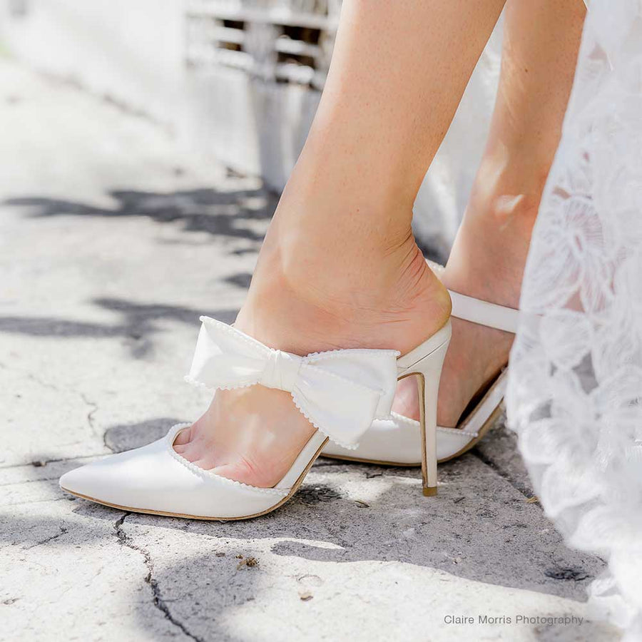 Bella Belle Brooklyn Ivory Wedding Mules with Pearl Trimmed Bows