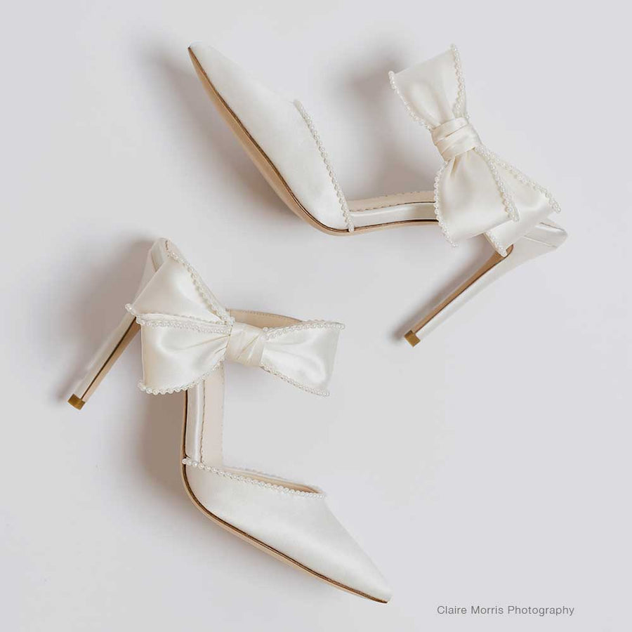 Bella Belle Brooklyn Ivory Wedding Mules with Pearl Trimmed Bows