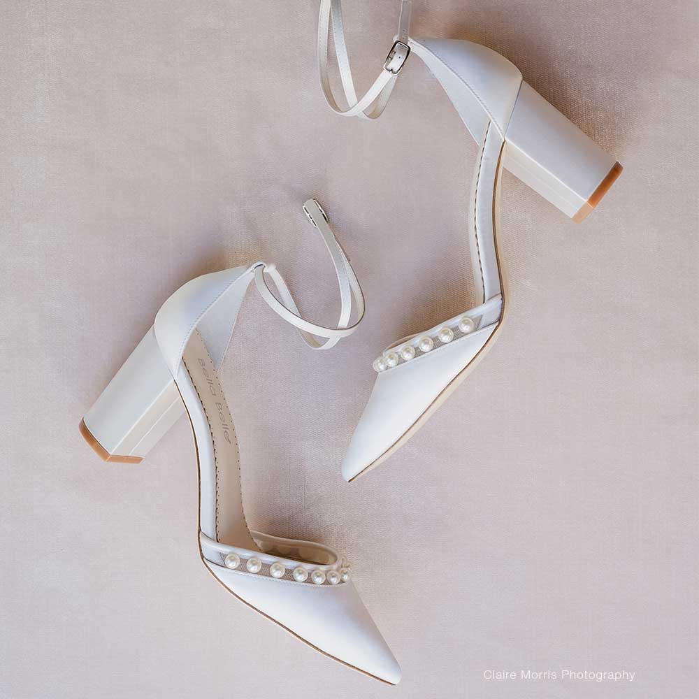 Katie - Ivory Pearl Low Block Heel Wedding Shoes - Charlotte Mills
