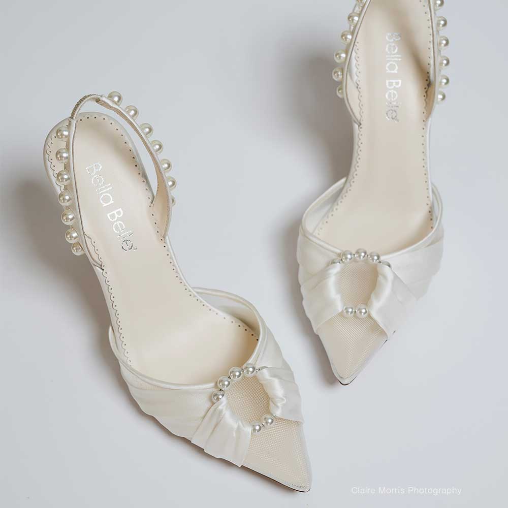 Ivory Pearl Slingback Heels with Satin Bound Pearl Ring