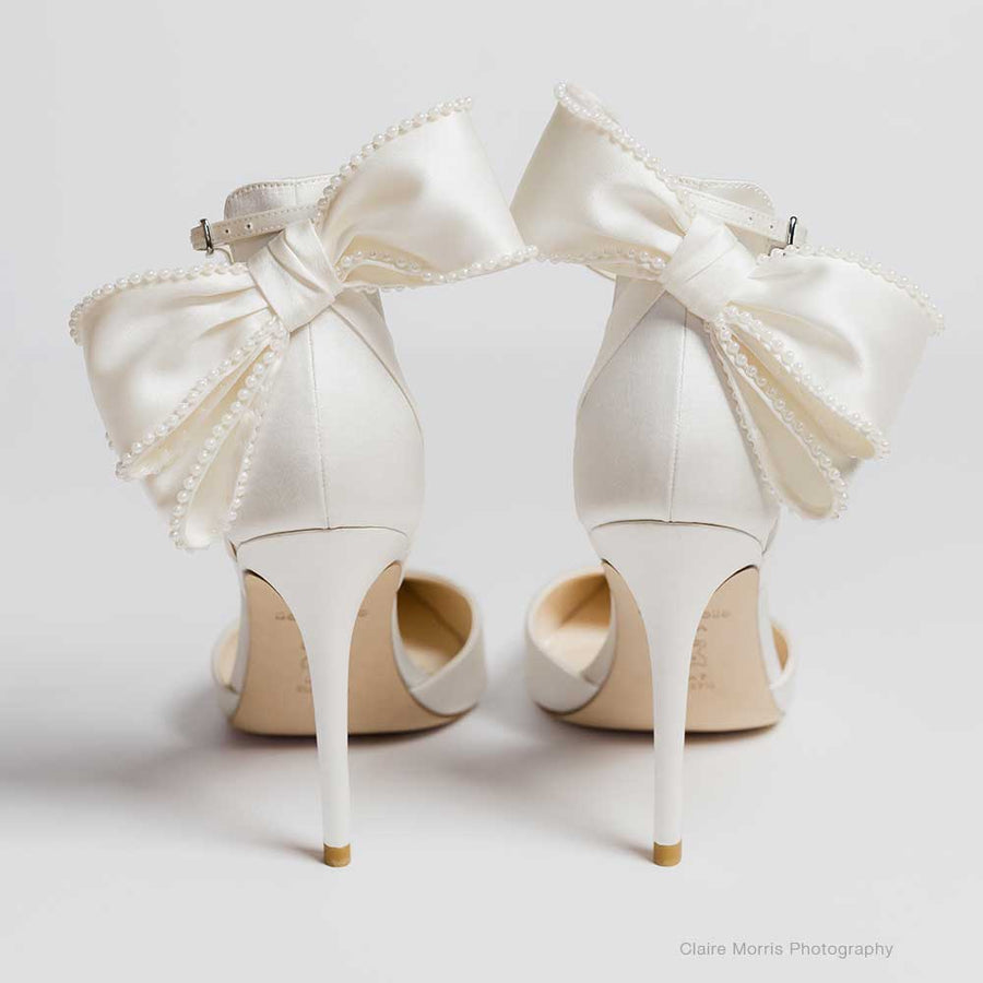 Bella Belle Mirabelle Ivory Ankle Strap Pearl Bow Heels