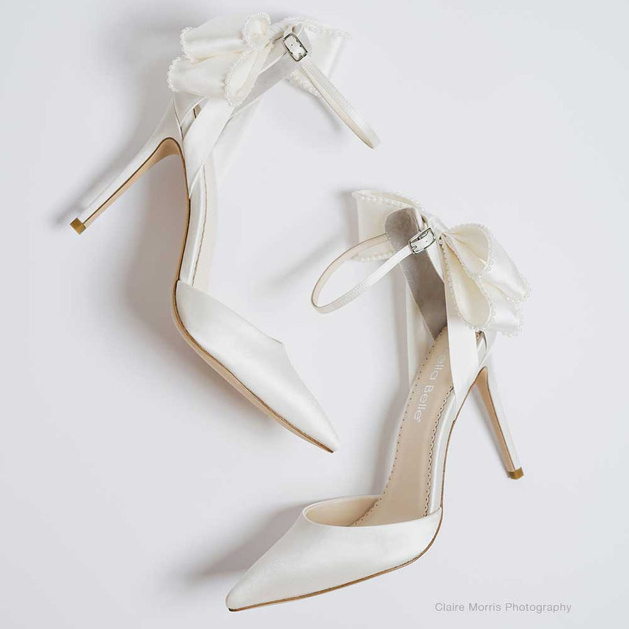 Bella Belle Mirabelle Ivory Ankle Strap Pearl Bow Heels