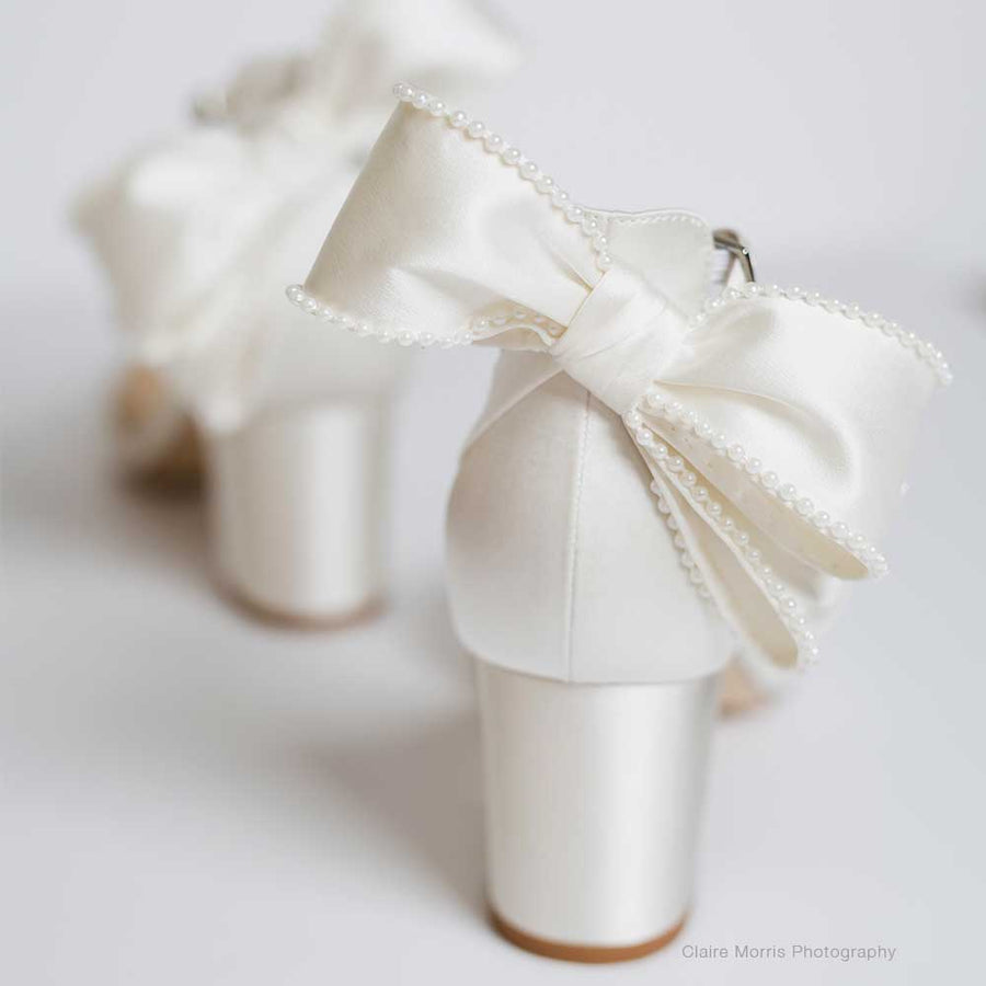 Bella Belle Molly Pearl Block Heels with Ankle Strap Bow