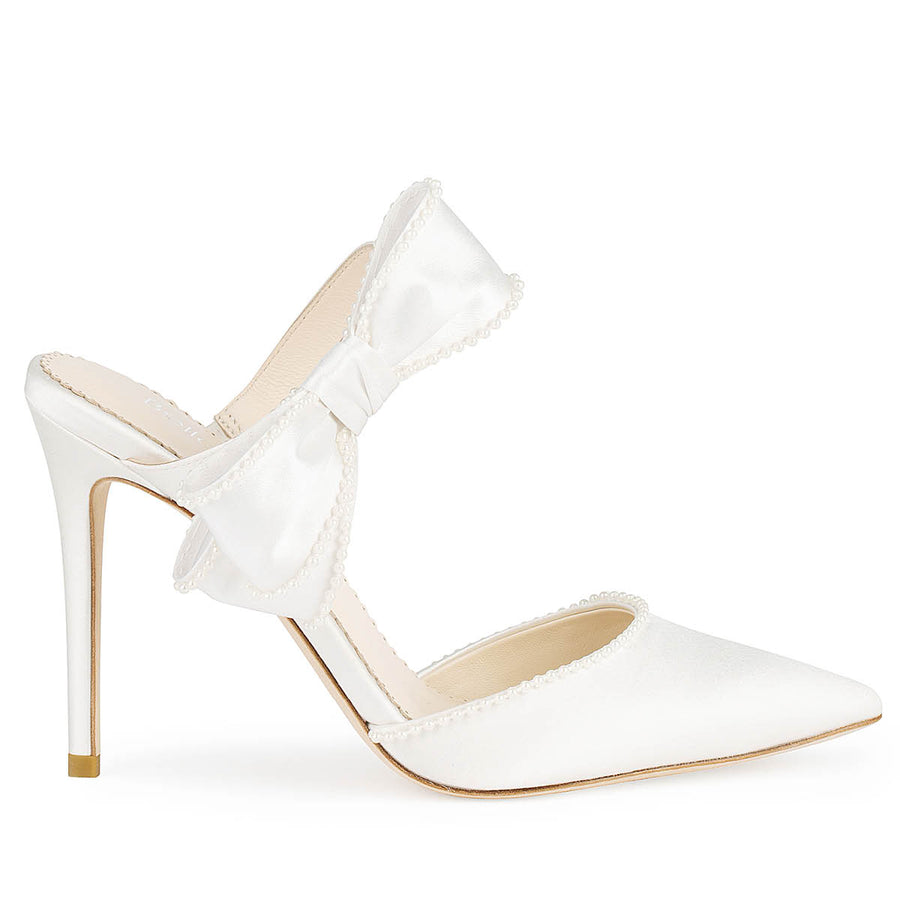 Bella Belle Brooklyn Ivory Wedding Mules with Pearl Trimmed Bows