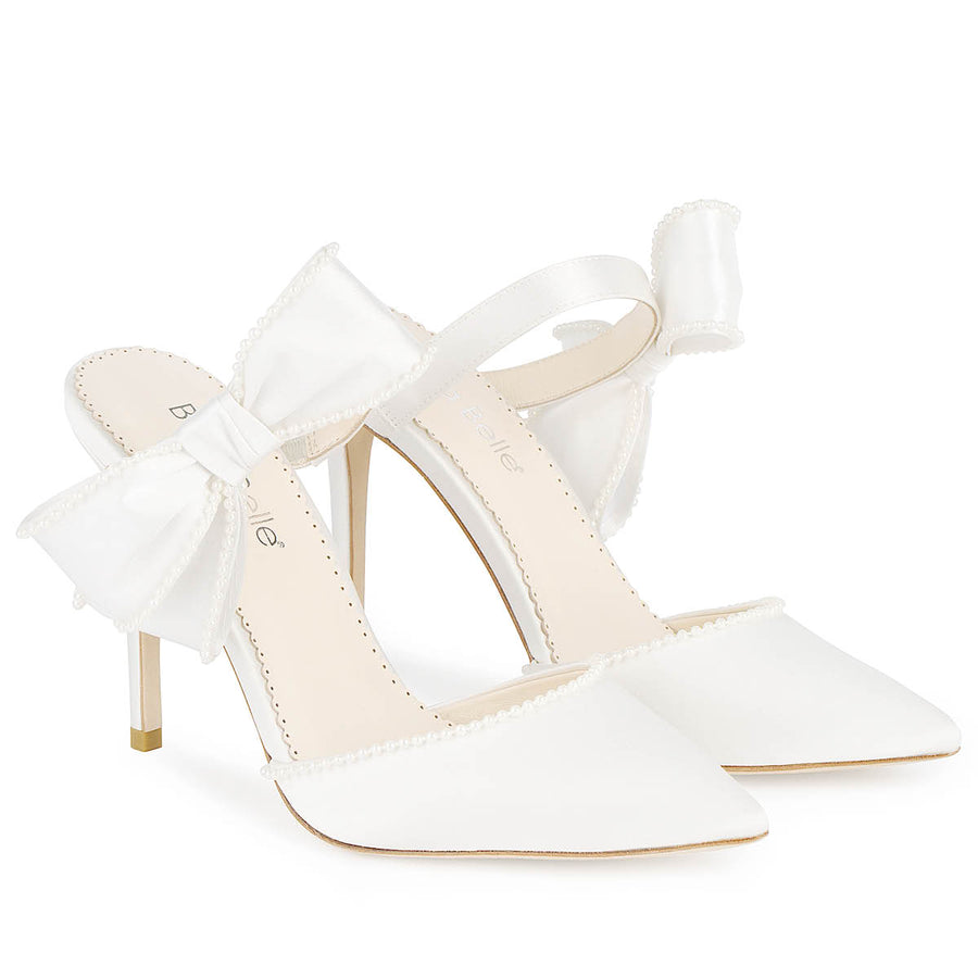 Bella Belle Brooklyn Ivory Wedding Mules with Pearl Trimmed Bows