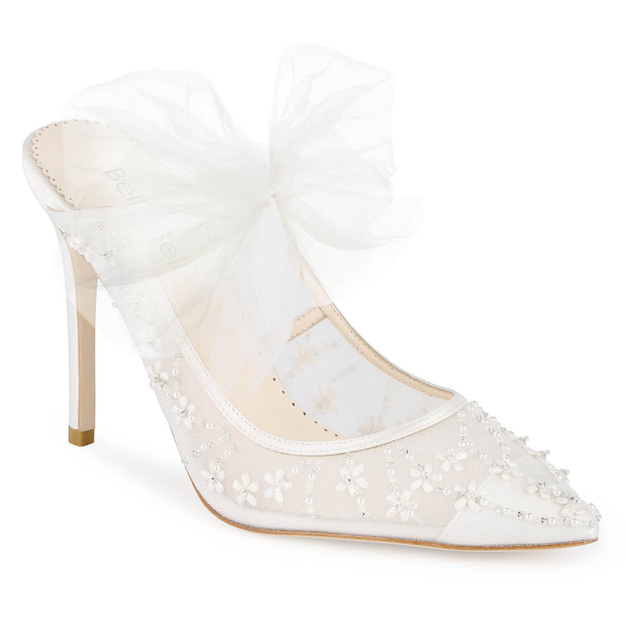 Bella Belle Eloise Embroidered Ivory Mules with Tulle Bow 3