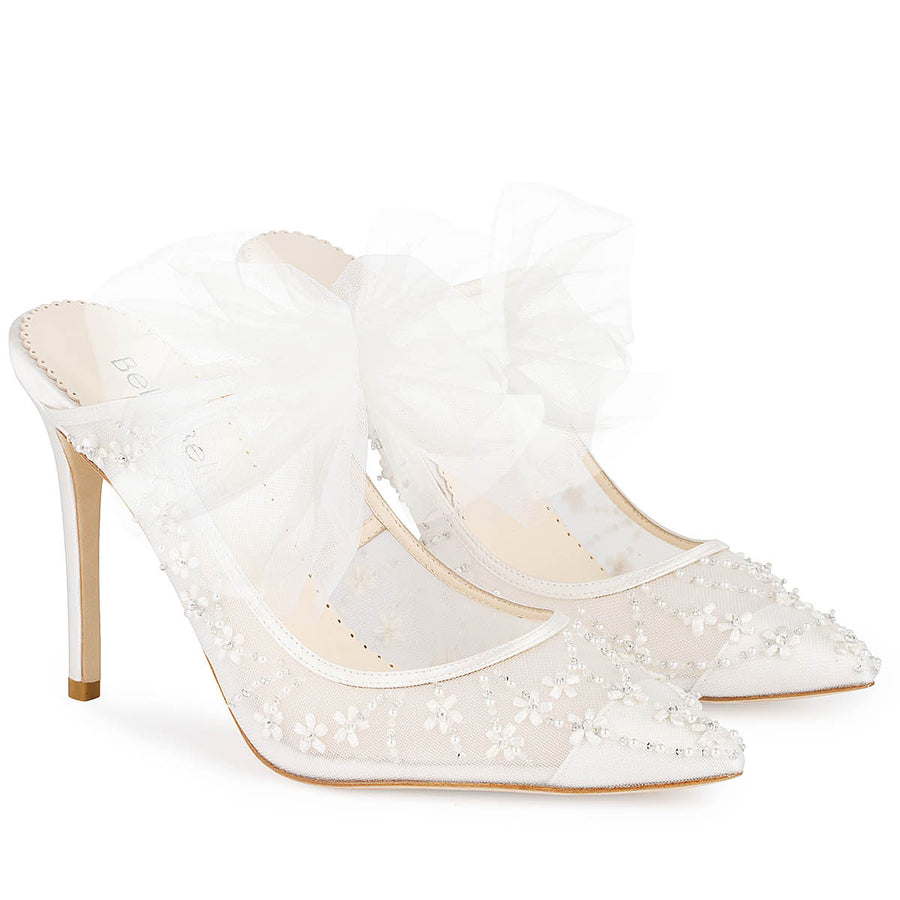 Bella Belle Eloise Embroidered Ivory Mules with Tulle Bow 3