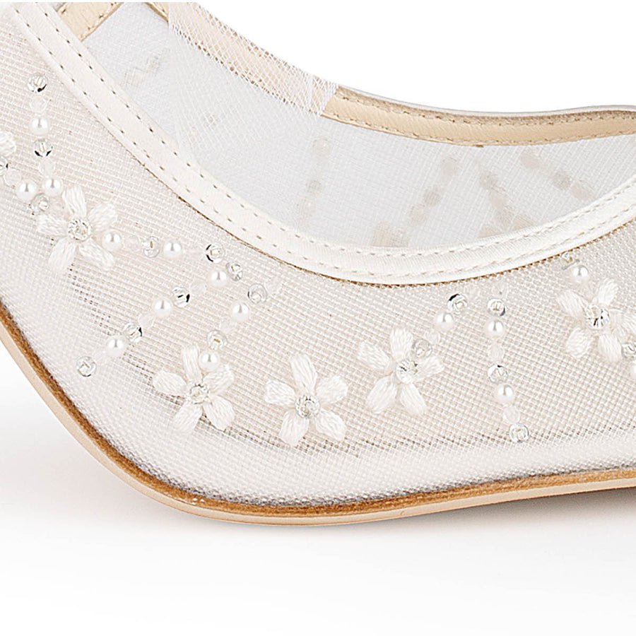 Bella Belle Eloise Embroidered Ivory Mules with Tulle Bow 3