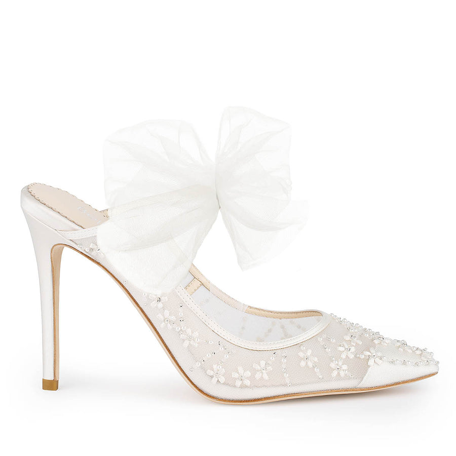 Bella Belle Eloise Embroidered Ivory Mules with Tulle Bow 3
