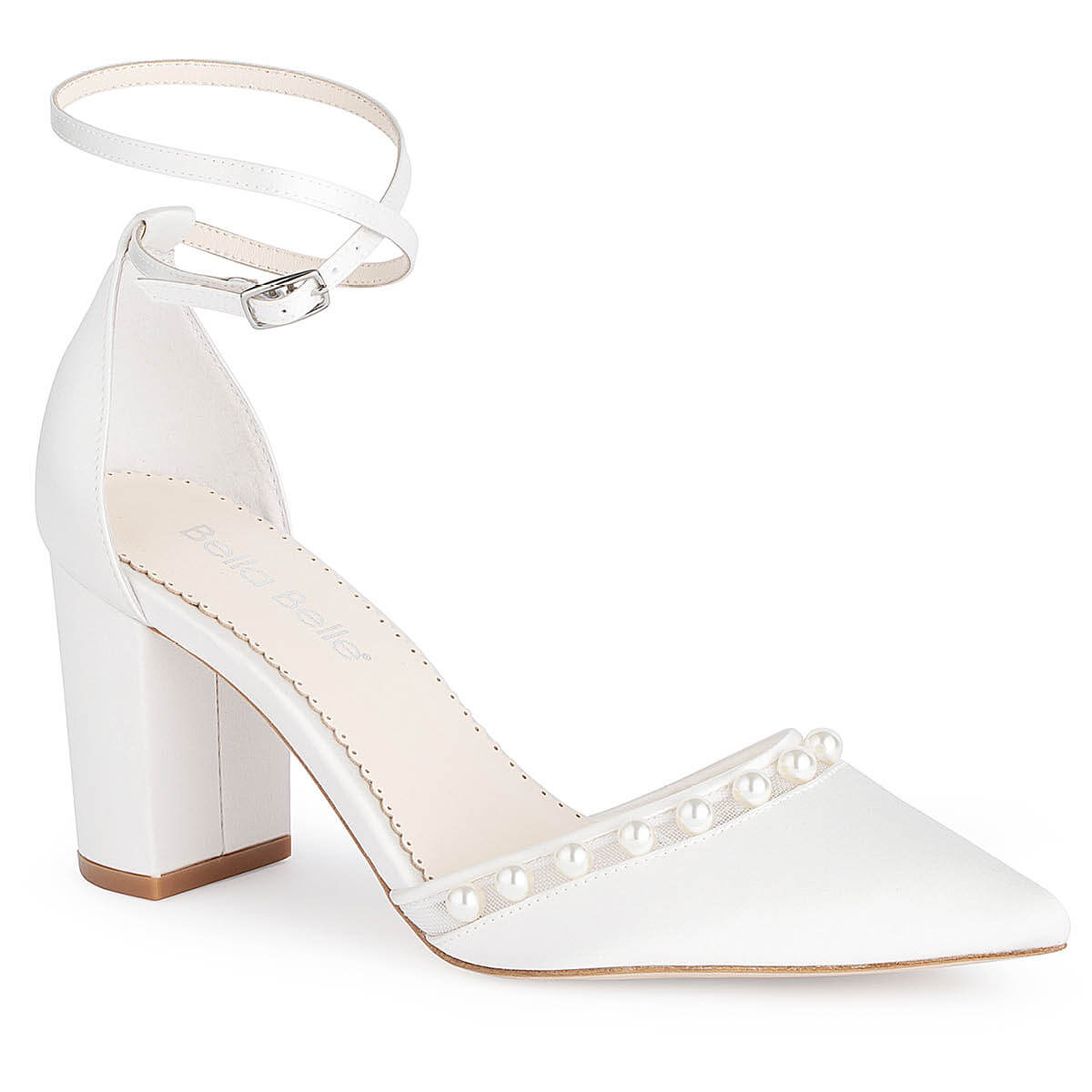 Ivory Satin Block Heel with Pearls Ankle Strap - Women Shoes, Wedding Shoes,  Bridesmaids Shoes