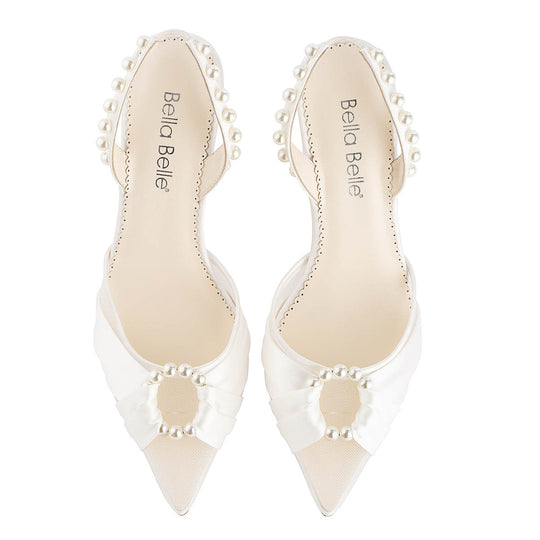 Bella Belle Faye Slingback Ivory Pearl Wedding Shoes with Pearl Ring Broach