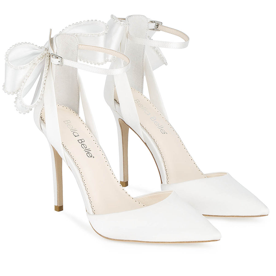 Bella Belle Mirabelle Ivory Ankle Strap Pearl Bow Heels