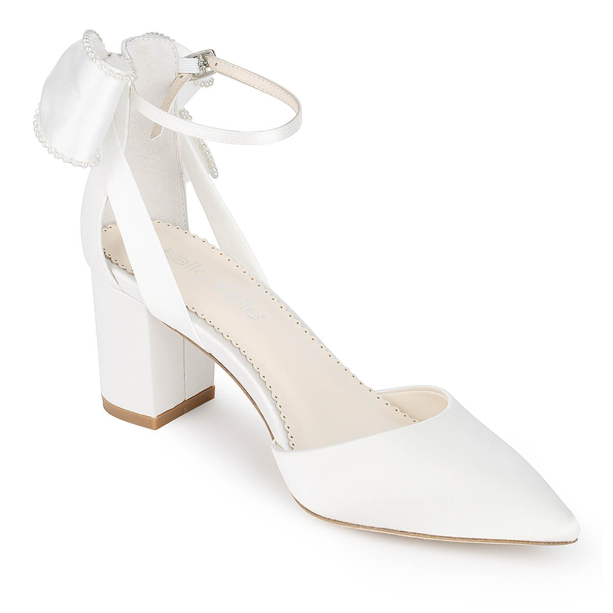 Bella Belle Molly Pearl Block Heels with Ankle Strap Bow