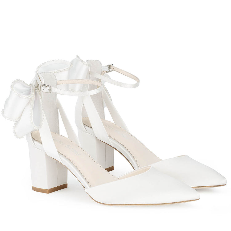 2.5 Inch Pearl Lined Ankle Strap Bow Block Heels