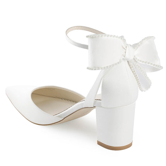 Inch Block Pearl Bow Heels with Ankle Straps