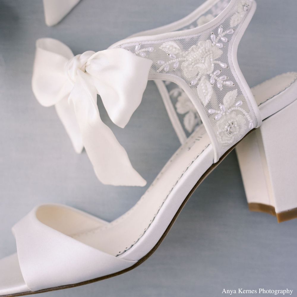 Block Heel Open Toe Wedding Shoes with Lace and Ankle Bow