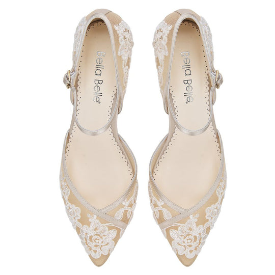 Lace Embroidered Illusion Mesh Nude Kitten Heel Shoes