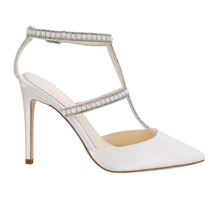 bellabelleshoes:Carolina ベラベルシューズ Ivory T-strap Heels with Crystals & Pearls | Bella Belle