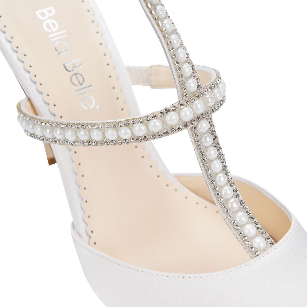 Bella Belle Shoes Carolina Silver Crystals and Ivory Luminous Pearl T-Strap Wedding Heel