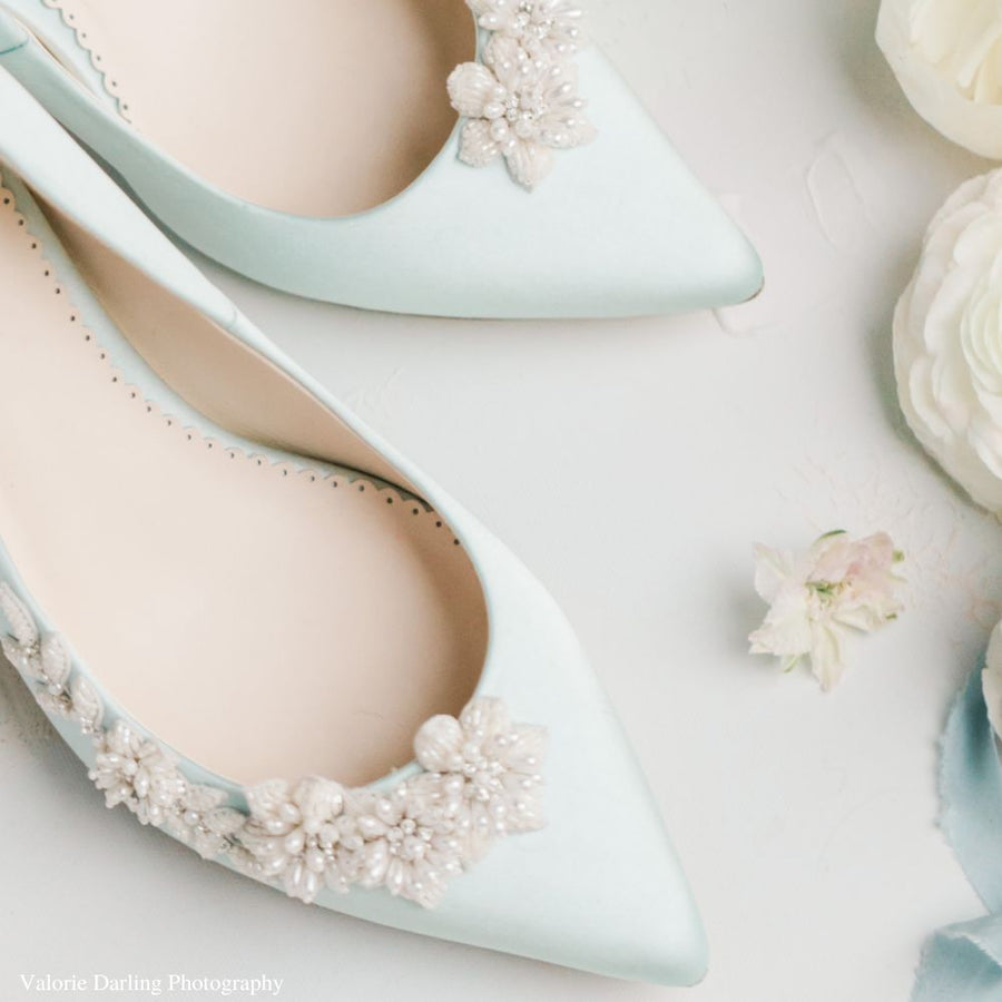 Bella Belle Shoes Daisy 3D Floral Luminous Pearls and Beads Blue Wedding Flats