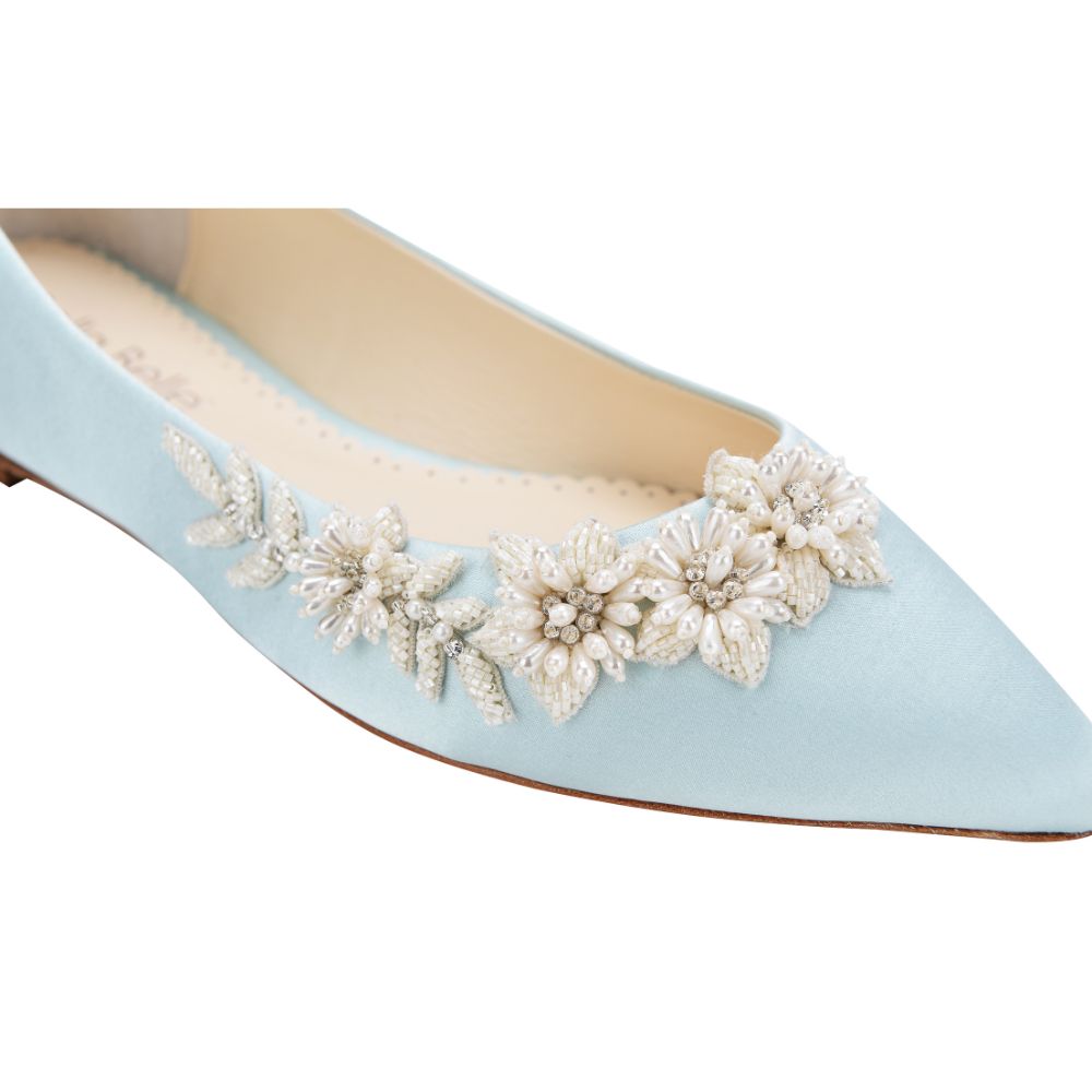 Bella Belle Shoes Daisy 3D Floral Luminous Pearls and Beads Blue Wedding Flats