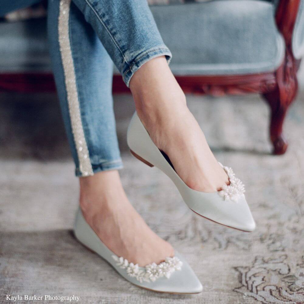 Light Blue Wedding Flats with 3D Floral Pearls | Bella Belle