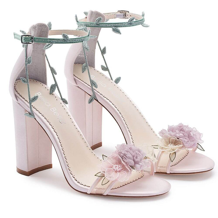 Blush Block Heels with 3D Flowers for Garden Weddings