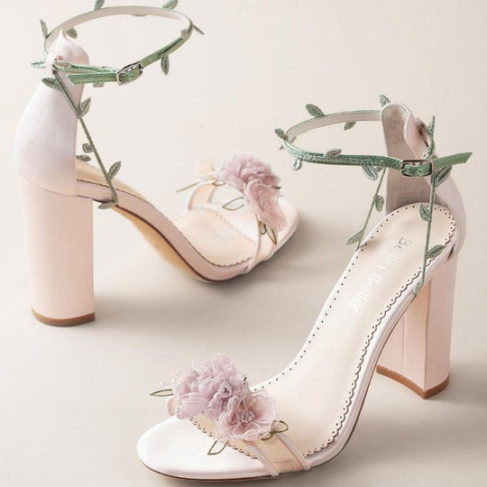 Blush Block Heels with 3D Flowers for Garden Weddings