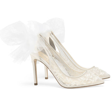Bella Belle Shoes Edna Floral Beaded Lace Wedding Heel with Tulle Bow Edna Ivory