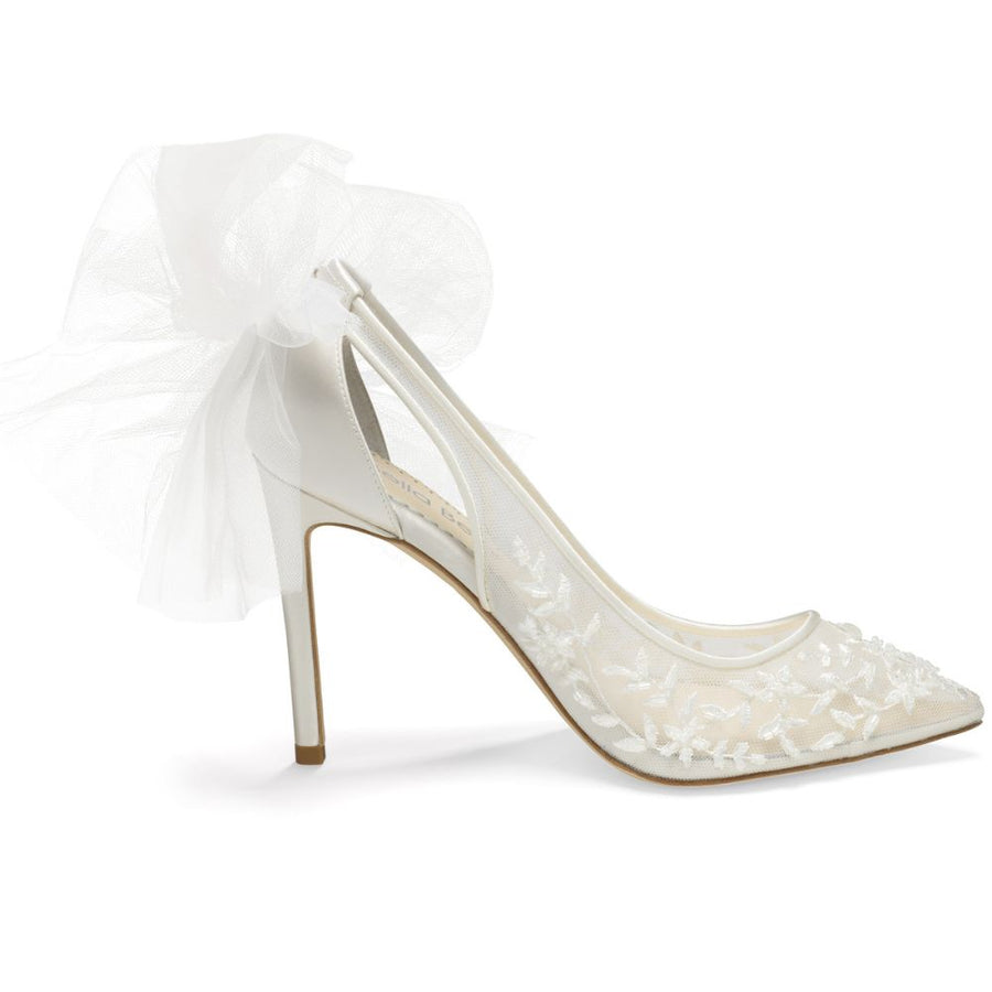 Bella Belle Shoes Edna Floral Beaded Lace Wedding Heel with Tulle Bow Edna Ivory