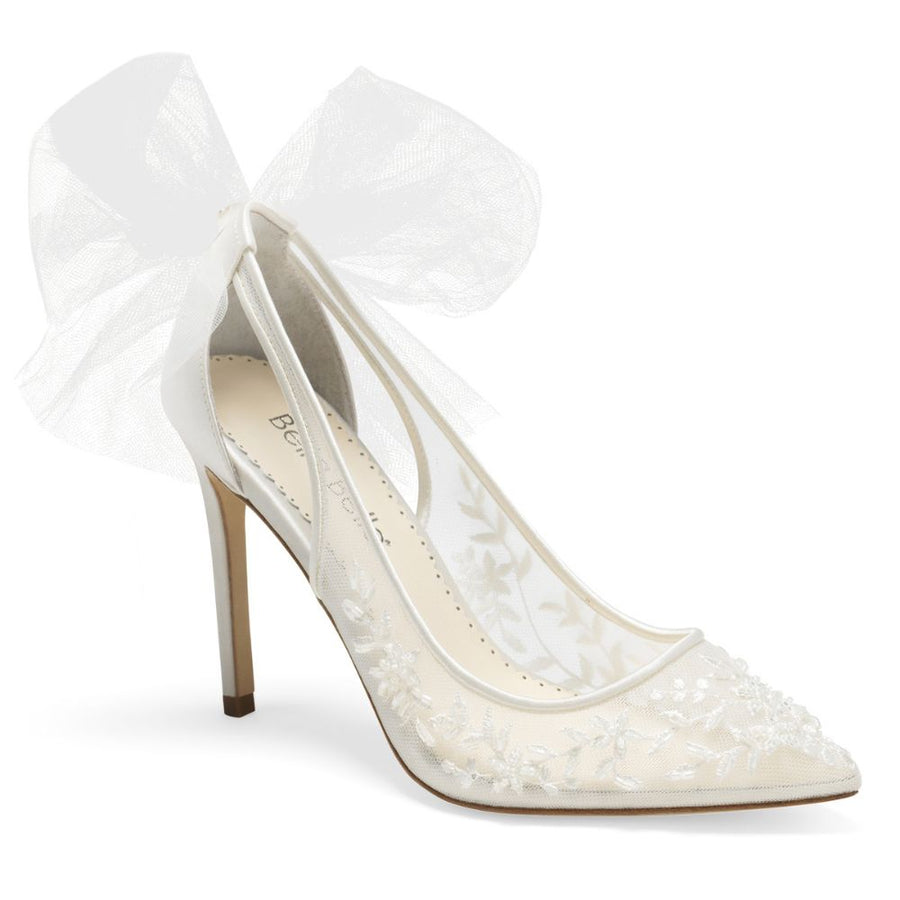 Bella Belle Shoes Edna Floral Beaded Lace Wedding Heel with Tulle Bow Edna Ivory