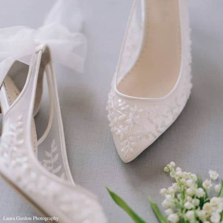 Bella Belle ベラベレ EDNA エドナ ウェディングシューズ 4-Inch Ivory Lace Heels with Detachable Ankle Straps & Bows