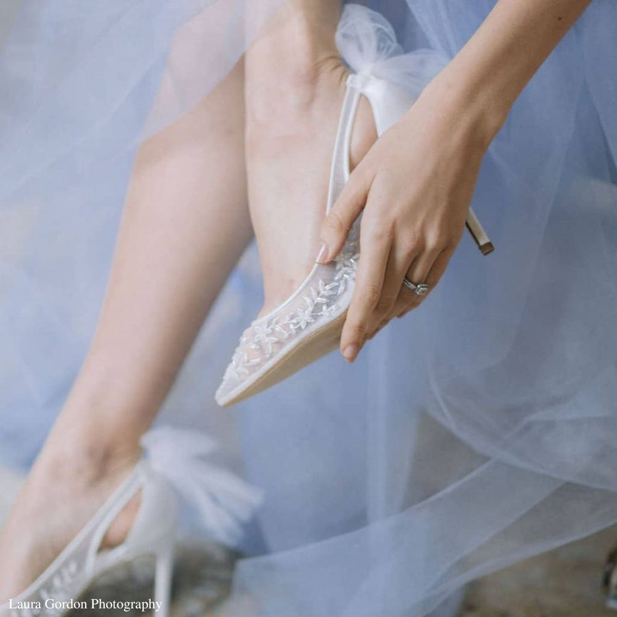 Bella Belle Shoes Edna Floral Beaded Lace Wedding Heel with Tulle Bow Edna Ivory