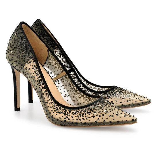Elsa Black Sequin Shoes Embellished Crystal Evening Heels