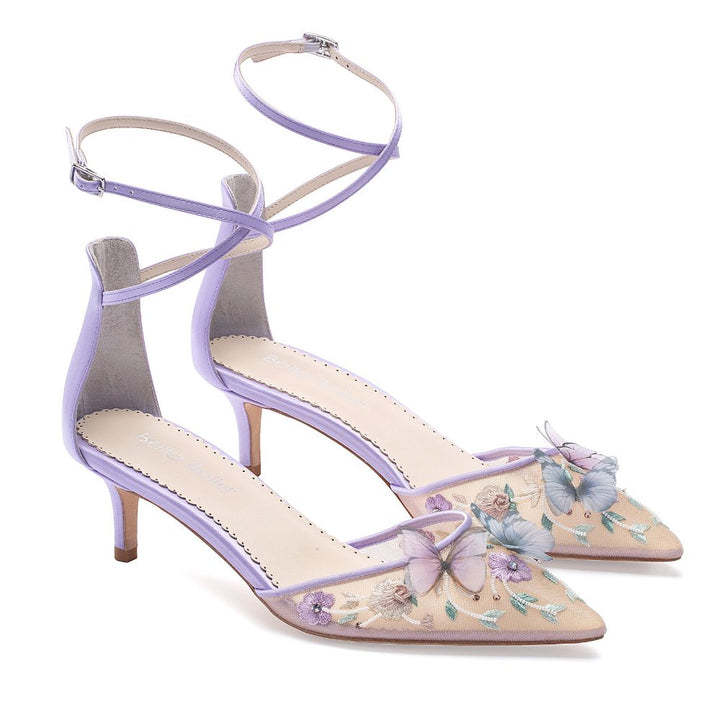Bella Belle Women's Lavender Butterfly Kitten Heels with Embroidered Garden Motif