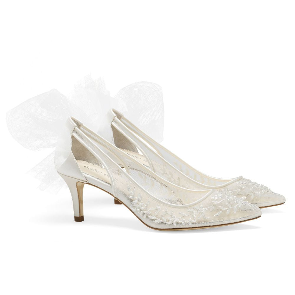 Esther Wedding Lace Kitten Heel Wedding Removable Tulle Bows Ankle Straps