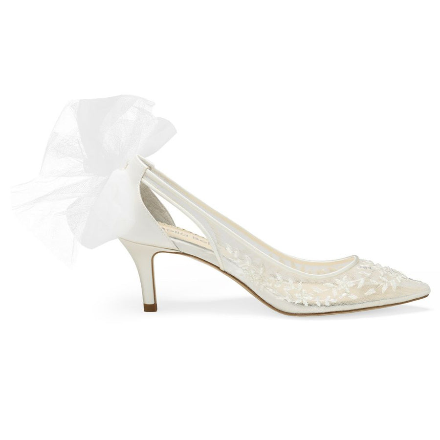 Bella Belle Shoes Esther Floral Beaded Lace Wedding Kitten Heel With Tulle Bow Esther Ivory