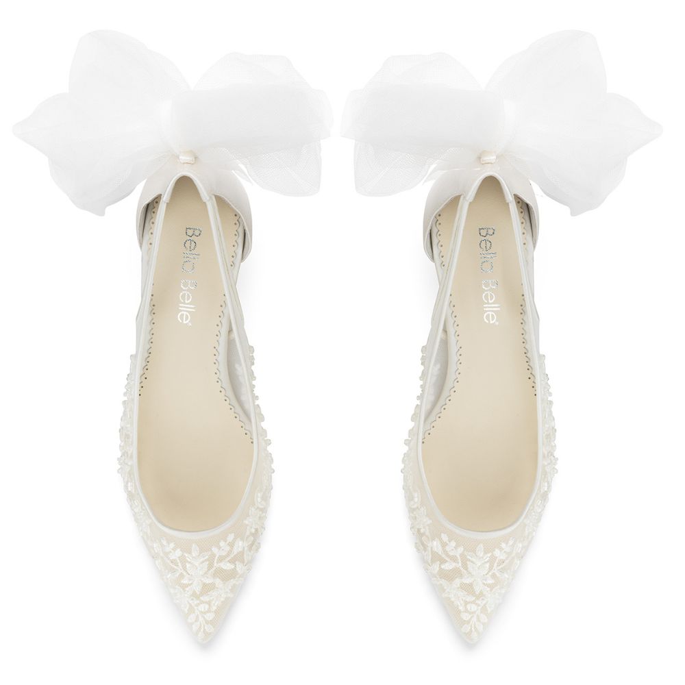 Bella Belle Shoes Esther Floral Beaded Lace Wedding Kitten Heel With Tulle Bow Esther Ivory