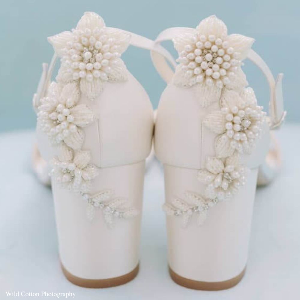 Bella Belle Fabiola 3D Floral Luminous Pearls and Ivory Beads Wedding Block Heel