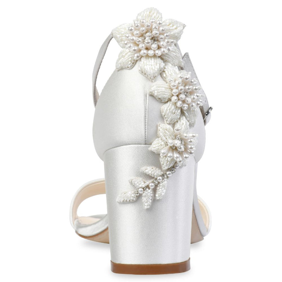 Bella Belle Fabiola 3D Floral Luminous Pearls and Ivory Beads Wedding Block Heel