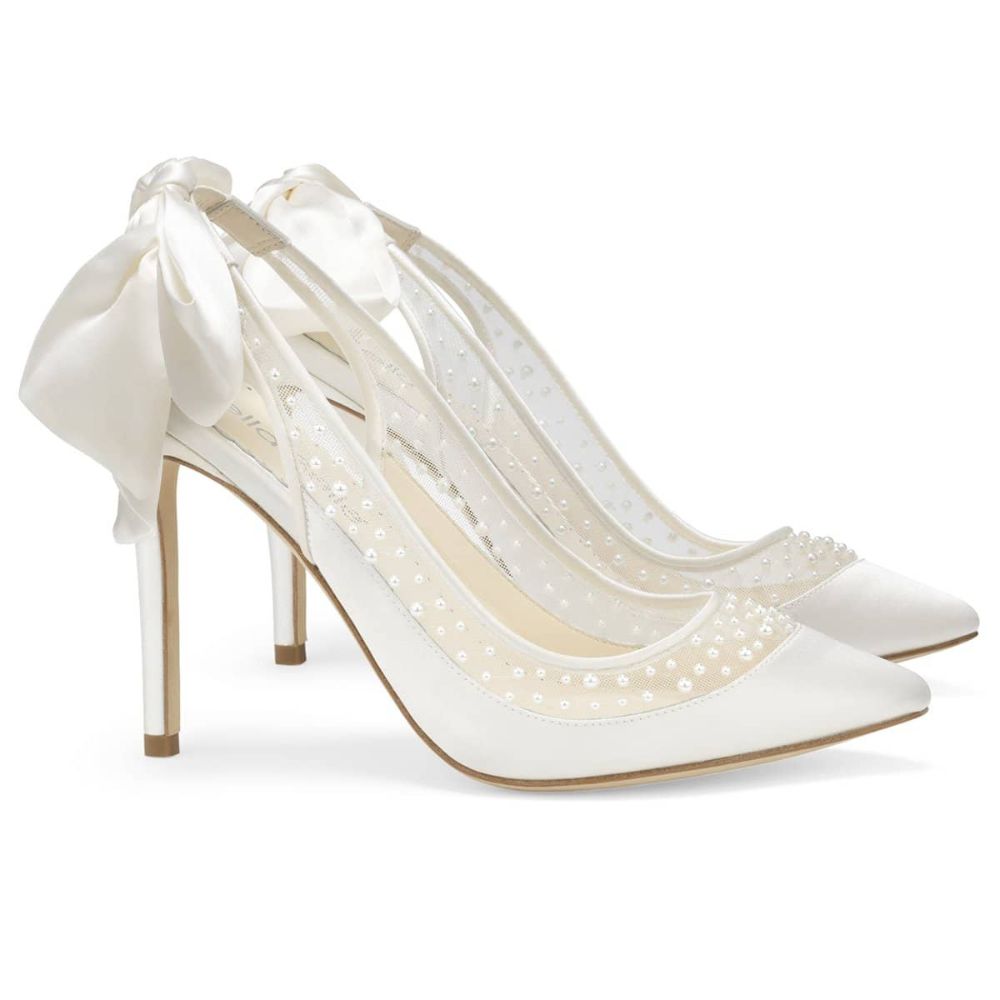 Gabrielle Wedding Pearl Slingback Wedding Heels Silk Ankle Bows