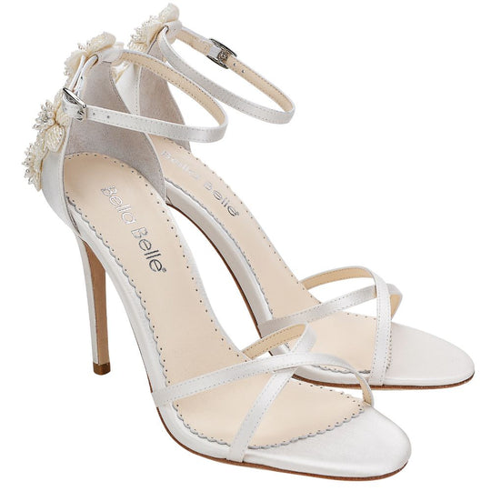 3D Floral Sculpture Ankle Strap Ivory Heels with Pearls