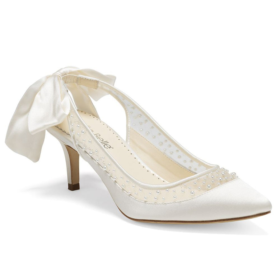 Bella Belle Shoes Georgia Ivory Pearl Slingback Wedding Kitten Heel with Silk Bow