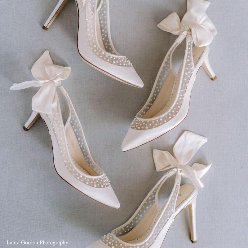 Bella Belle Shoes Georgia Ivory Pearl Slingback Wedding Kitten Heel with Silk Bow