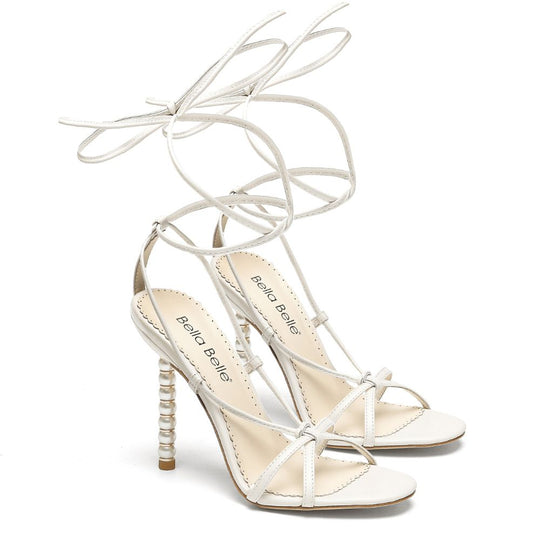Pearl Stilettos, White Tie Up Heels Giada Bella Belle